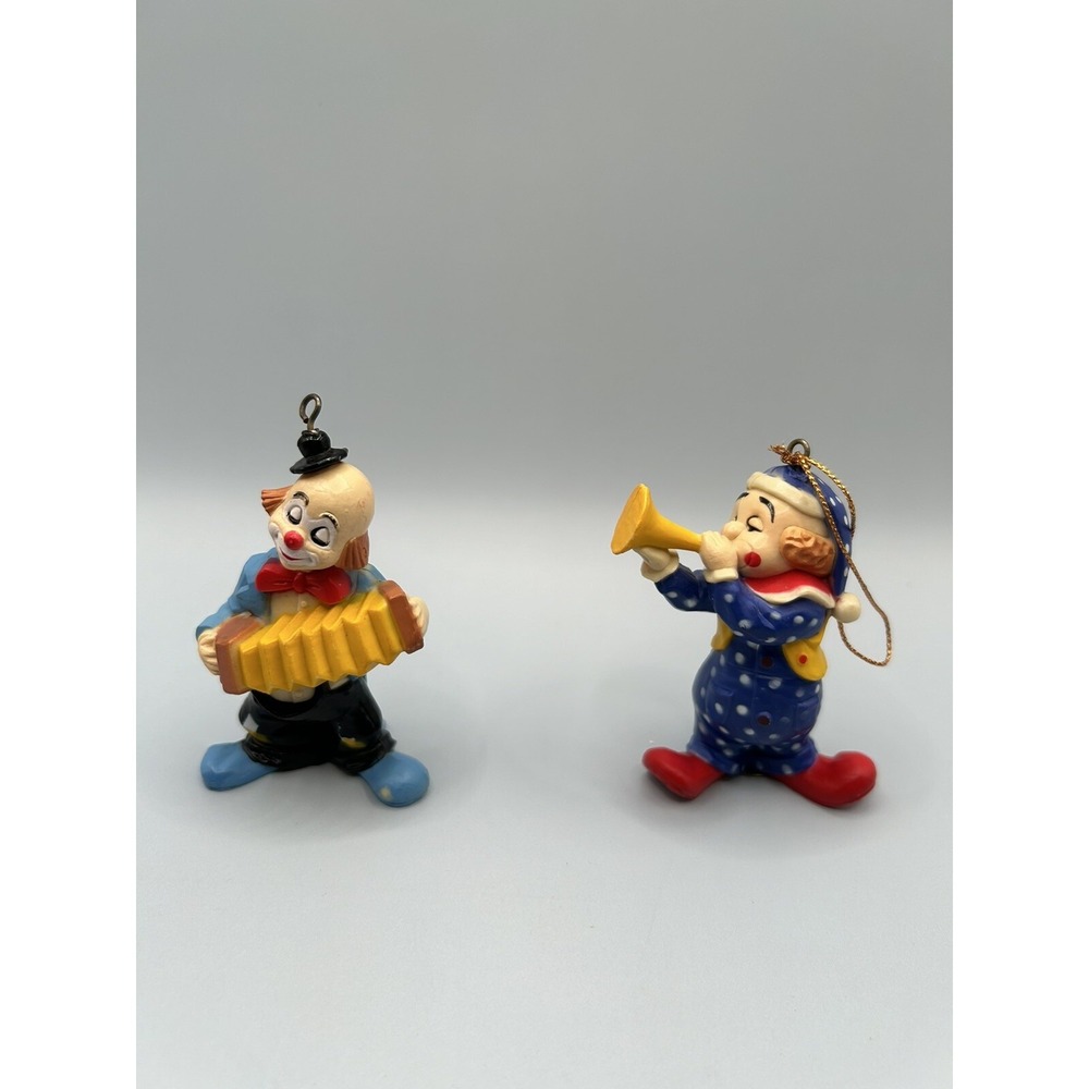 Vintage Clown Figurines Playing Musical Instruments 3 Inches Tall Lot Of 2